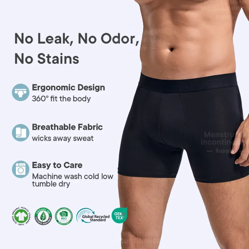Men's Boxer Incontinence Anti-Leak Super Absorbent Reusable Washable Senior Leak Proof Underwear Control Stains and Odour