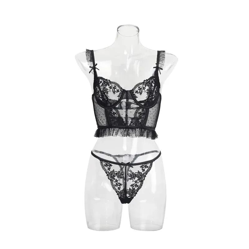 Sexy Bra Brief Set Ruffles Dot Lingerie Embroidery Flowers Solid Panties Underwear Lace Two Back Closure Intimate Exotic Sets