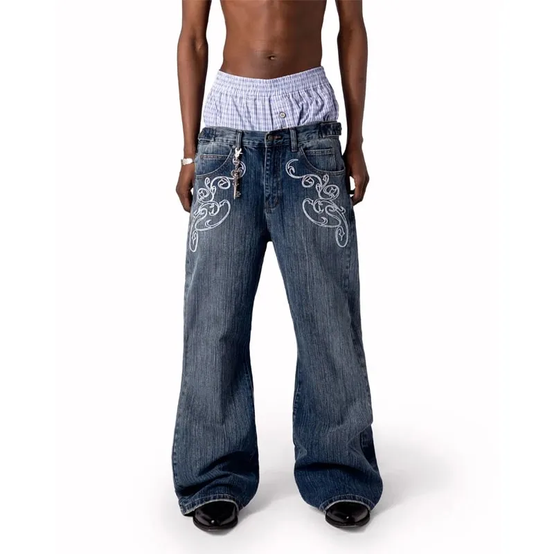 Y2k Blue Opening Bootcut Jeans Vintage Washed Embroidery Men Women Pants Harajuku High Street Streetwear Unisex Casual Jeans
