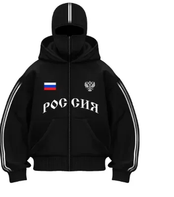 Hip Hop Face Cover Hoodie Unisex Loose Black Zip Up Sweatshirt Eagle Flag Printed Design