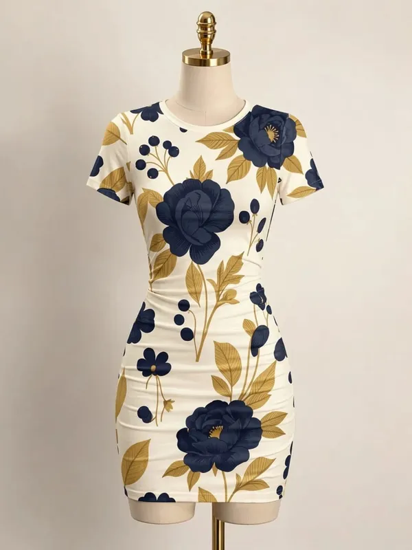Womens Short Sleeve Bodycon Mini Dress Slim Fit Crew Neck Floral Print Casual Summer Party Cute Stretch Modern Vacation Sundress — image 10