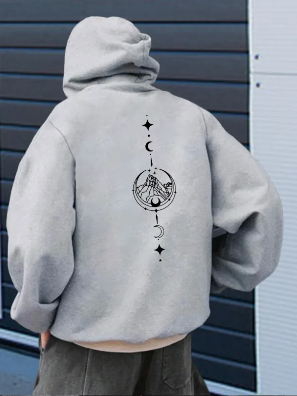 Men Celestial Mountain Back Print Hoodie Moon Star Vertical Line Art Graphic Hooded Sweatshirt Casual Outdoor Streetwear Kangaro — image 5