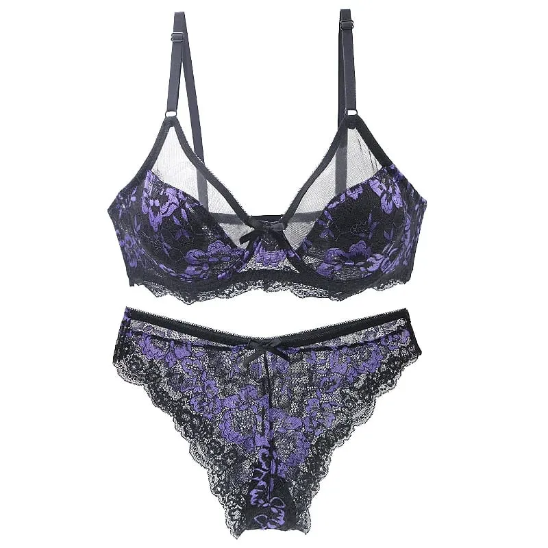 Ultradünne, dicke BH-Sets, 34/75, 36/80, 38/85, 40/90, 42/95, 44/100, 46/105, BCDE-Cup-Unterwäsche, transparente Stickerei-Spitze-Dessous