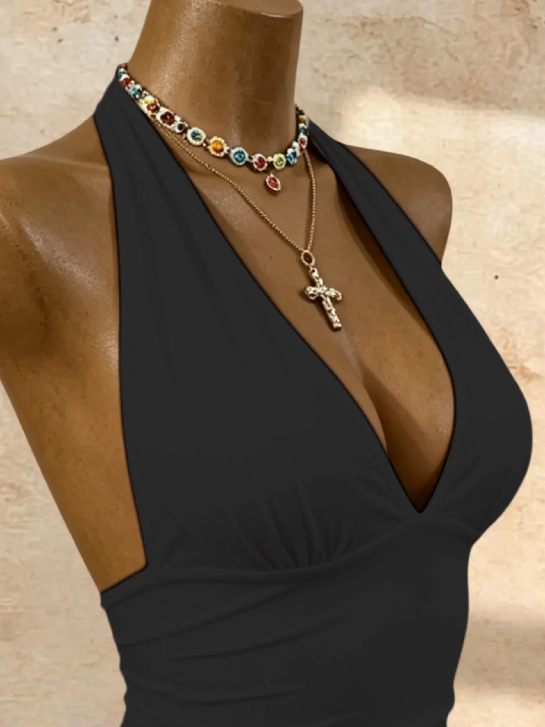 Women Halter Deep V Neck Ruched Slim Fit High Cut Bodysuit 2026 Summer Y2K Streetwear Sleeveless Tank Top — image 3