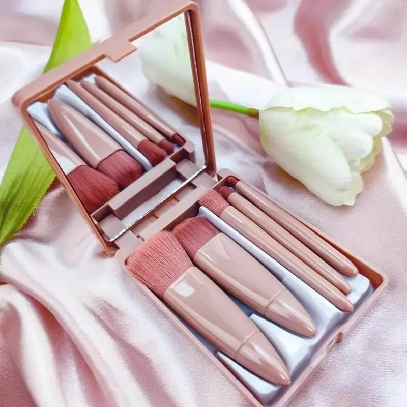 5Pcs Travel Makeup Brush Set Built-in Mirror Soft Fiber Portable Brushes Face Eye Lip Blending Daily Makeup Tools