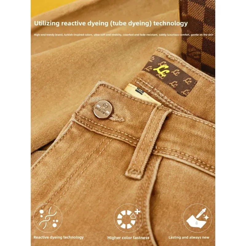 Autumn fashion light luxury men's jeans khaki small feet elastic coffee casual pants