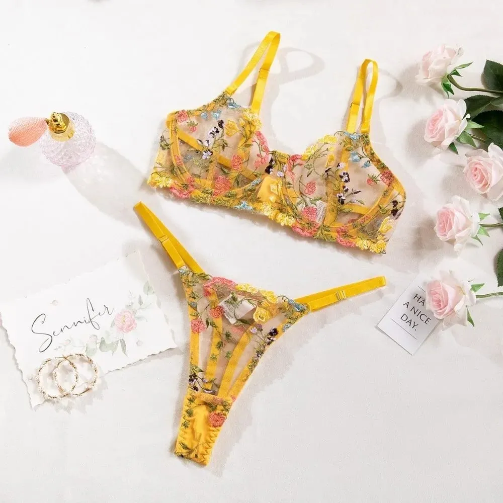 Bohemia Transparent Lingerie Set Ultra-thin Push Up Embroidery Floral Underwear Elegant Panties Bra Set Valentine's Day