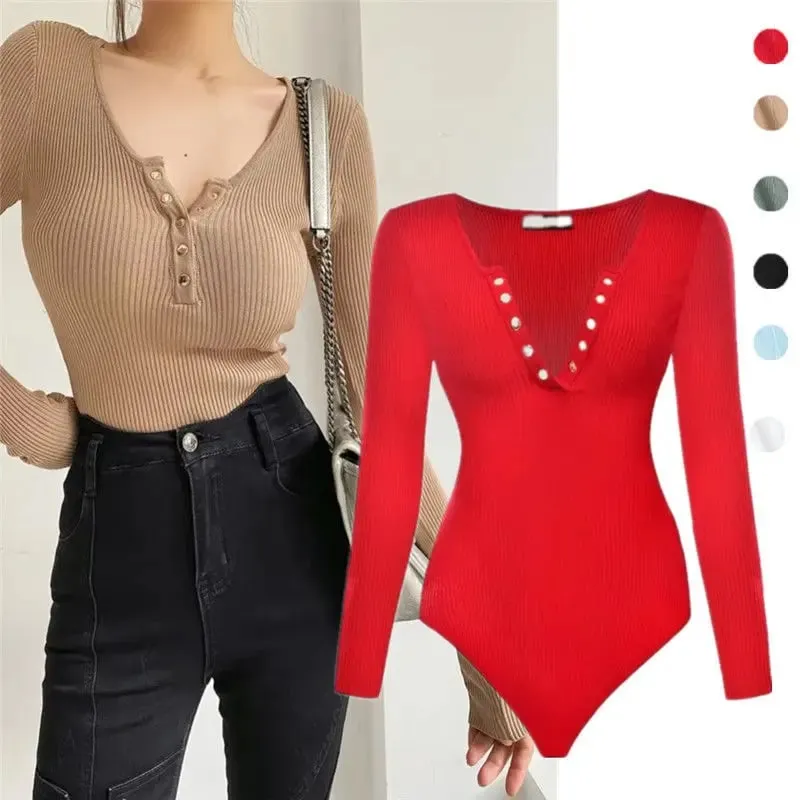 Long Sleeve Gold Button Detail Slim Fit V-Neck Bodysuit Sexy Elegant Wear Spring Autumn Women's Trendy Ribbed Knit Bodysui — image 2
