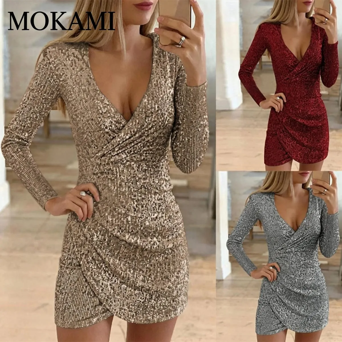 Sexy V-Neck Bodycon Mini Dress with Asymmetrical Hem And Sequins for Women Autumn Fashion European And American Style Evening Go — image 2