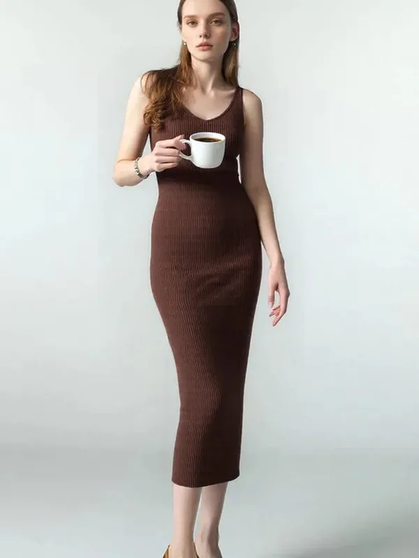 V Neck Sleeveless Elegant Knitted Slip Dress for Women Fashion Sexy Bodycon Casual Long Dresses Autumn Spring Bottoming Clothes — image 6