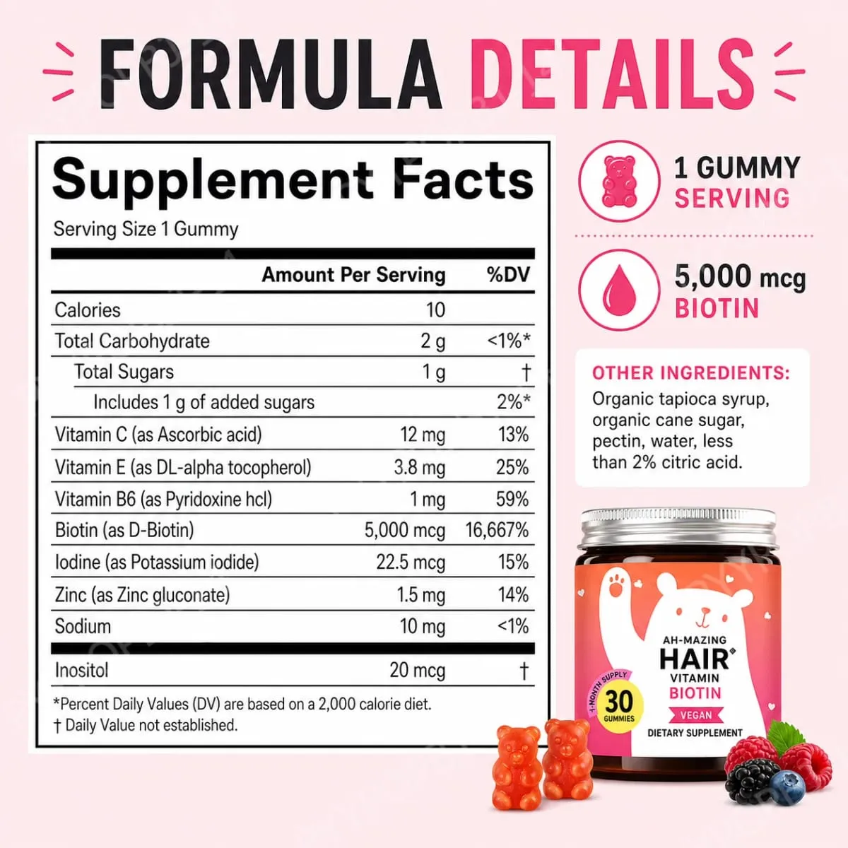 Biotin Gummies 5000 Mcg Hair Skin Nails Support Vegan Beauty Vitamins 30 Gummies Daily Wellness Supplement — image 2