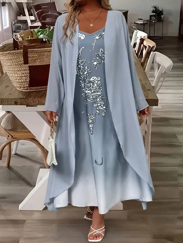 Plus-Size Women's Fashion: Spring/Fall Stylish and Elegant Lace and Chiffon Two-Piece Dress Set with V-Neck for a Sophisticated