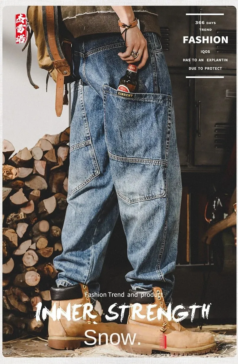 American Retro Jeans Men Autumn High StreetinsTrendy Cargo Pants Men Loose Fit Plus Size Straight Wide-Leg Pants — image 9