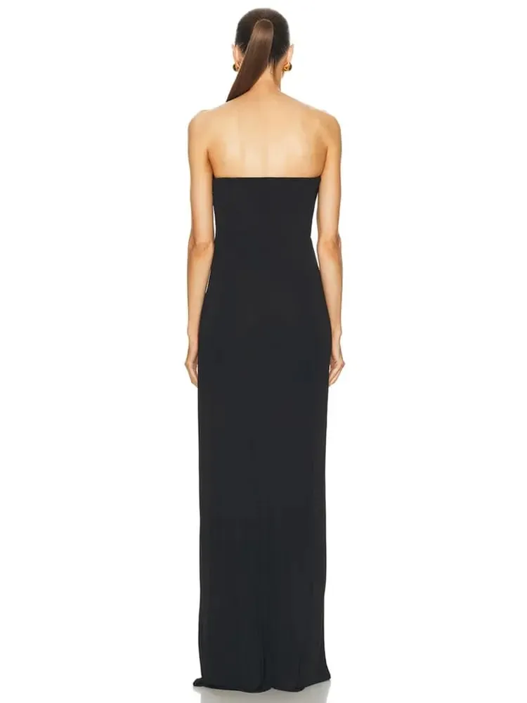2025 Kvinder Berømthed Sexet Stropløs Rygløs Sort Maxi Lang Bodycon Bandagekjole Elegant aftenklub festoutfit