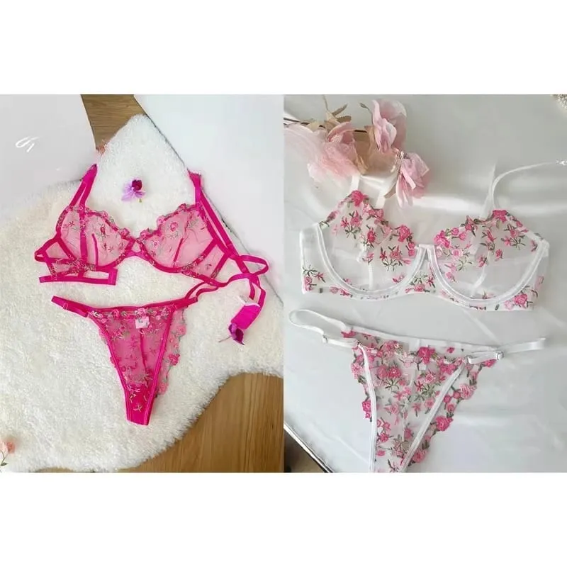Transparent Floral Lace Embroidery Bra Set Summer Thin Minimizer Underwear Soft Breathable Full Bust Female Home Daily Wear S-XL