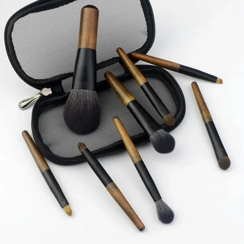 8 pçs mini conjunto de escova de maquiagem de viagem com bolsa alça de madeira escova cosmética para pó facial blush iluminador corretivo sombra