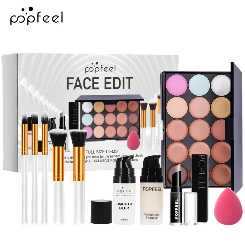 10-delat ansiktssmink-set - nybörjarvänlig foundation concealer & borste Combo - Komplett ansiktssminksats för felfri