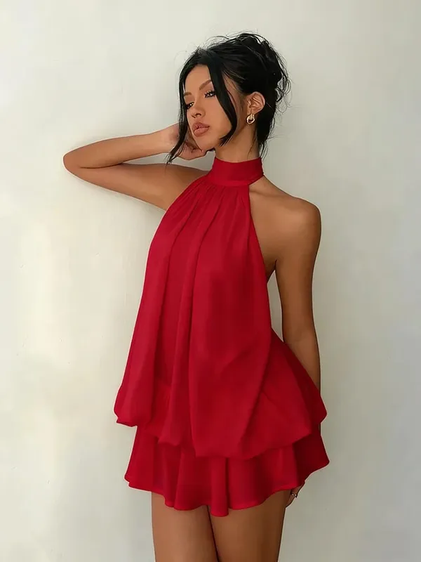 Women Halter Neck Backless Tie Mini Dress Summer Sleeveless Chiffon Ruffle Short Dresses Sexy Club Party Beach Vacation Outfit — image 12