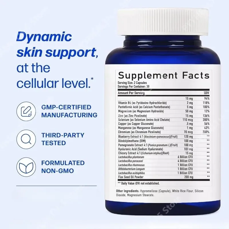 Clear³ Integratore di supporto per la pelle con probiotici DIM e zinco – Supporto nutrizionale per la salute della pelle e dell'intestino 60 capsule