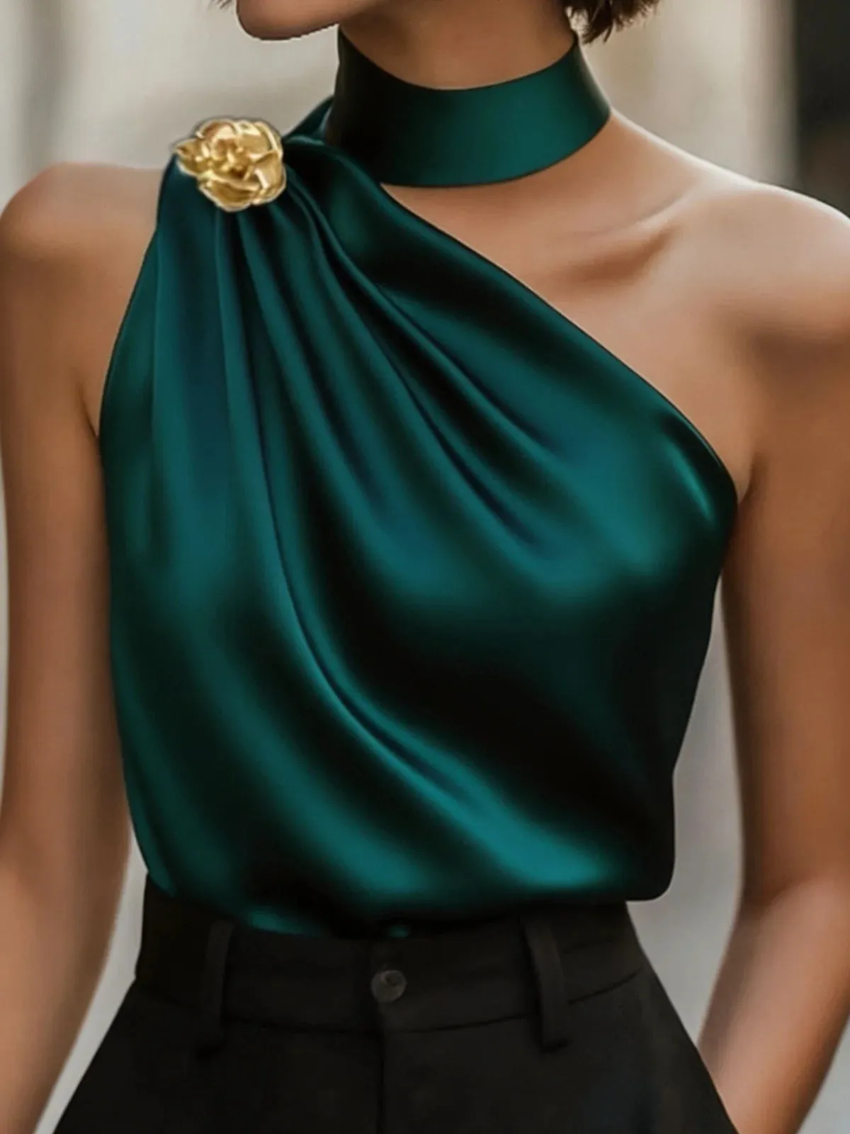Chic Halter One Shoulder Satin Draped Dark Green Blouse Sleeveless Top For Party & Office Women — image 2