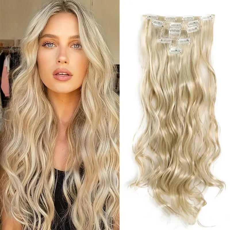 7 Clips In Hair Extensions Long Wave Hairstyle Blck 60-71cm Natural Synthetic Hair Daily Use Hairpiece For Women