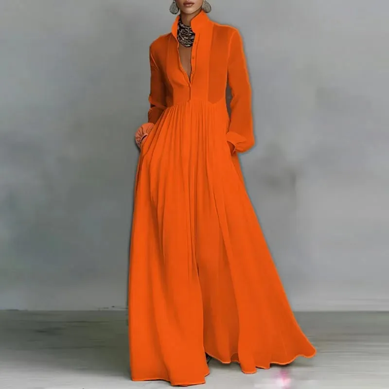 Francouzské elegantní swingové dlouhé šaty s vysokým pasem žena jarní plné kapsy plisované maxi šaty podzimní večerní šaty s dlouhým rukávem