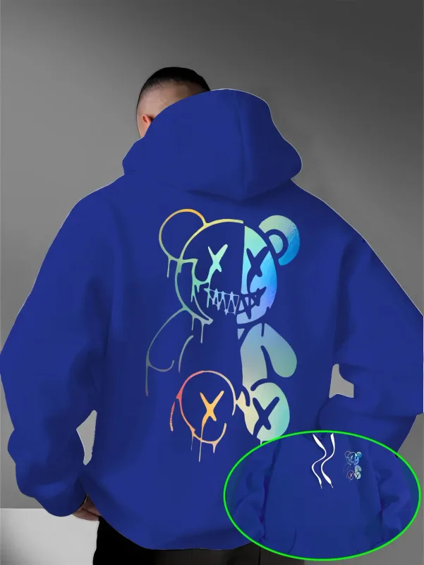Loose Oversized Men Hoodies Holographic Split Evil Bear Front Back Dual Print Pullover Sweatshirt Dark Street Daily Hooded Tops