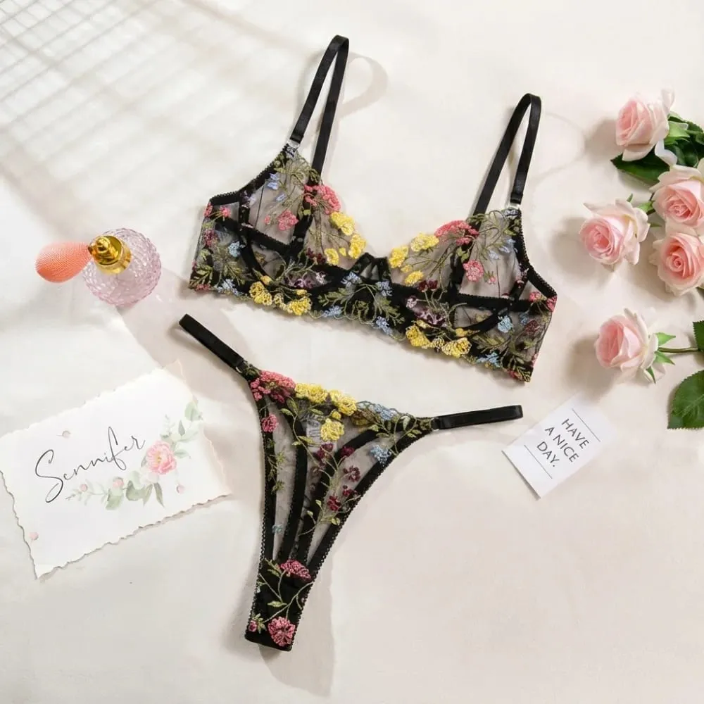 2dílná sada květinového spodního prádla Průsvitné všestranné spodní prádlo Intimky Výšivka Kostice Push-up Bra Kalhotky pro slečnu