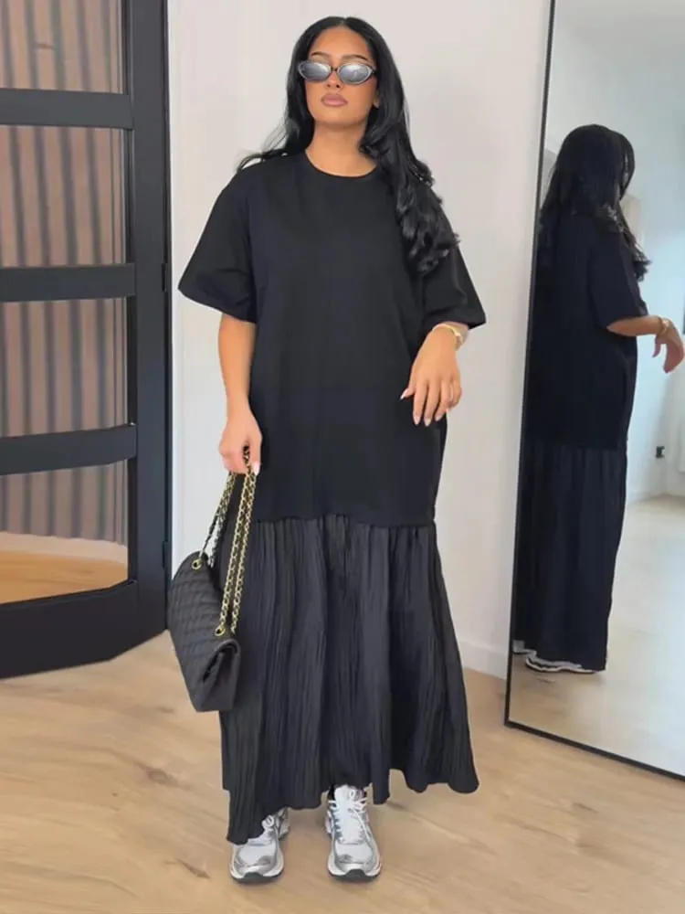 Fashion Patchwork Women Short Sleeve Dresses Casual O Neck Loose Female Solid Midi Dress 2026 Spring New Lady Long Robe Street