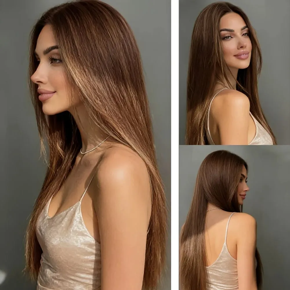 26-inch Light Brown Straight Synthetic Fiber Hair Extensions Multi-Clip Long Hair Extensions (6pcs) for Women