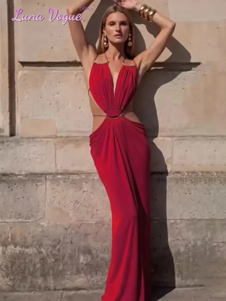 Abito lungo senza maniche con cinturino per spaghetti in tinta unita Abito lungo da donna sexy con scollo a V profondo in vita Abito da sera con volant Abito estivo elegante da festa — image 6