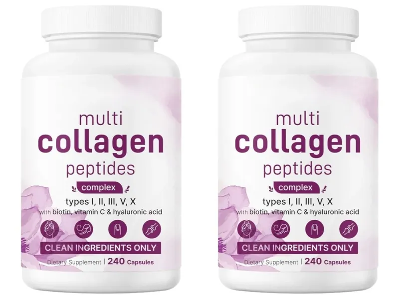 Multi Collagen Peptides Capsules with Biotin Vitamin C and Hyaluronic Acid Contains Eggs and Fish 240 Capsules