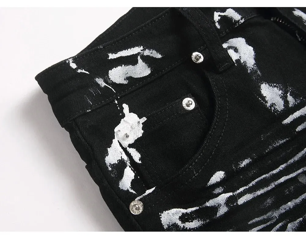 Men Painted Slim Tapered Jeans Punk Zipper Black Stretch Denim Pants Casual Streetwear Trousers — image 3