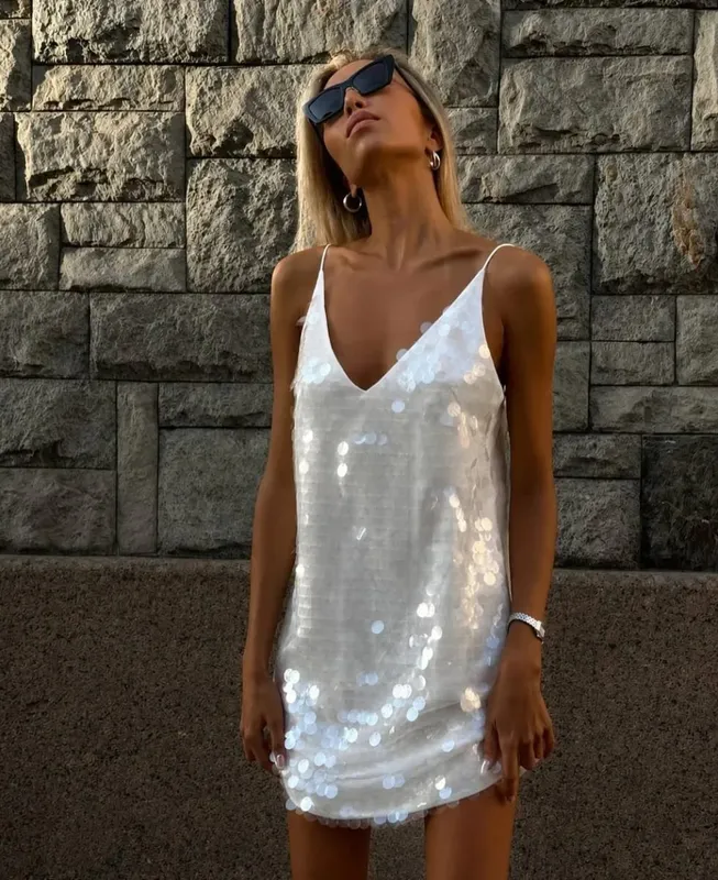 2026 Women White Sequins Mini Dress Sexy Deep V-neck Spaghetti Strap Loose Vestido New Fashion Summer Club Party Evening Dresses — image 7
