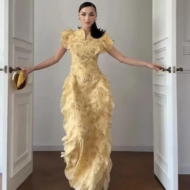 Floral Print Lace Trim Flutter Sleeve Maxi Dress Deep V-Neck High-Low Chiffon 2026 Summer Chic Romantic Women Feminine Gown — image 11