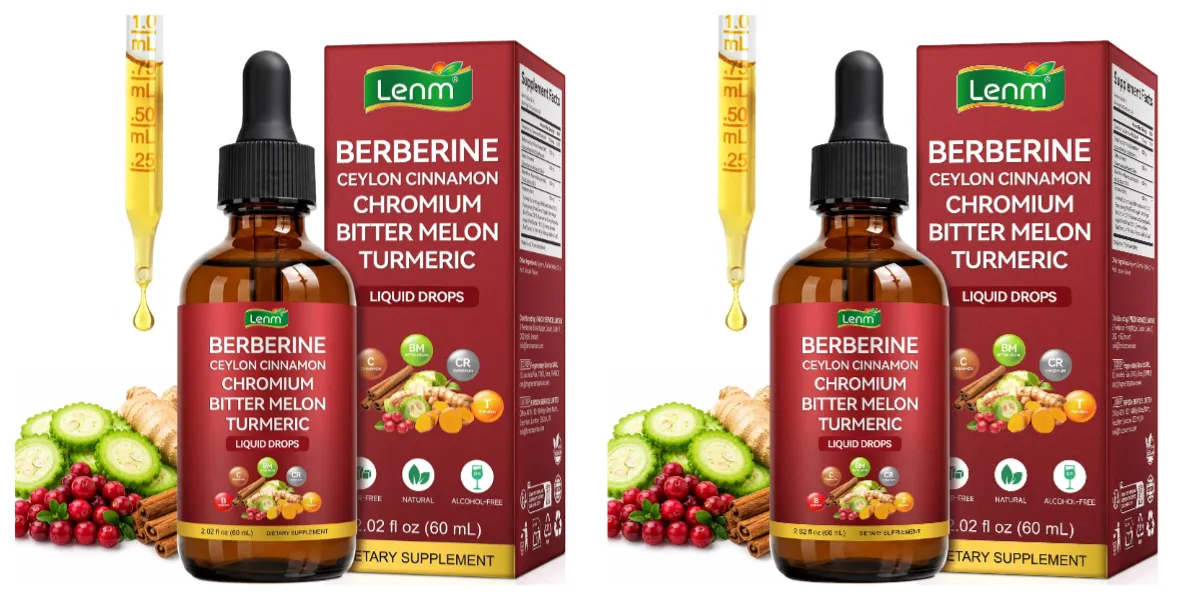 Lenm Berberine Liquid Drops with Ceylon Cinnamon Chromium Bitter Melon Turmeric for Metabolic Wellness Support 60ml 30 Servings
