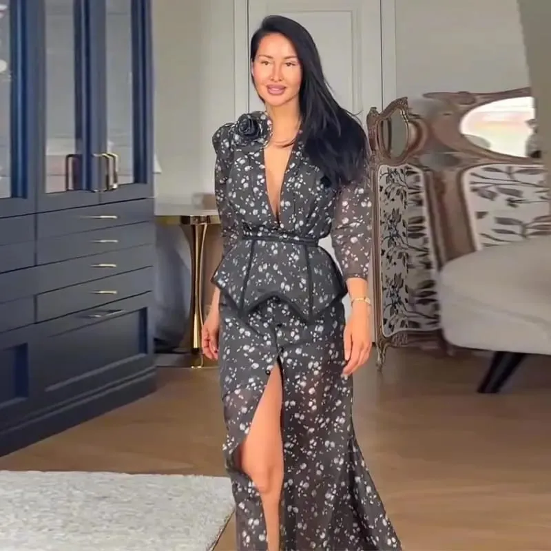 Elegant Printed Women's Dress V-neck Front Split Waist-closed Sashes Wrist Sleeve Gauze Dresses 2026 Summer Chic Female Robe — image 3