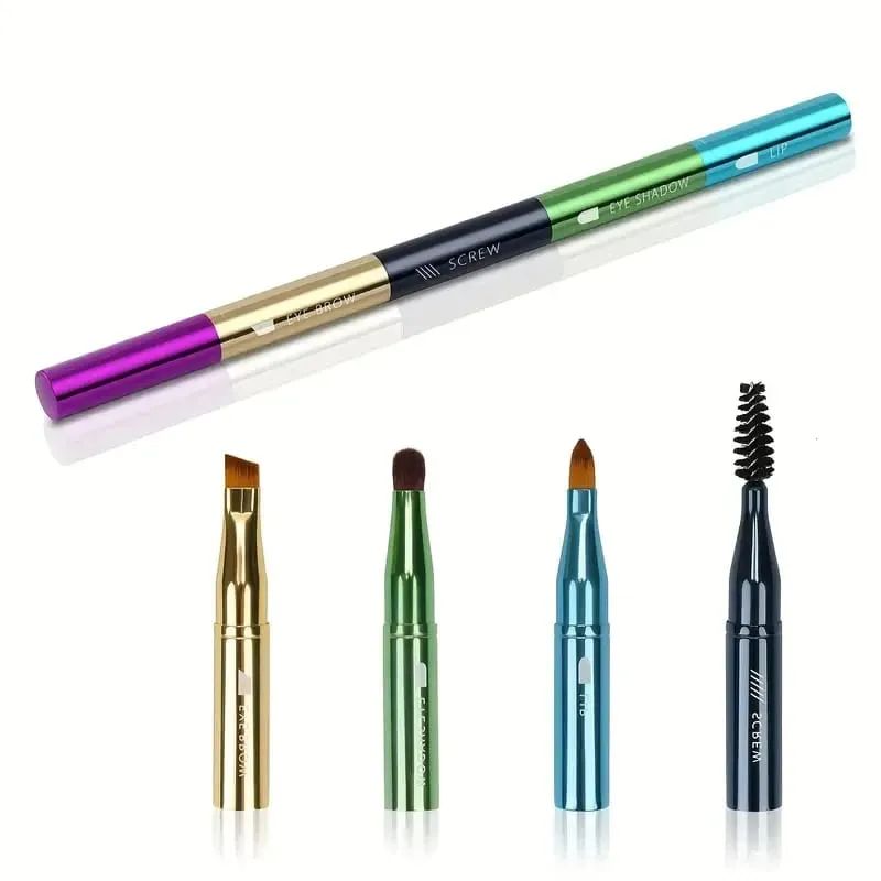 Detachable 4-in-1 Makeup Brush Set Soft Bristles & Sponge Applicator for Lips and Eyeshadow Portable with ABS Handle