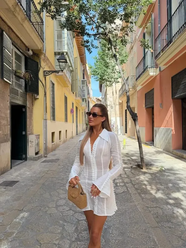Fashion Solid Slim Mini Dress Women Elegant Lapel Flare Long Sleeve Corset A-line Shirtdress Summer Female Daily Street Skirt