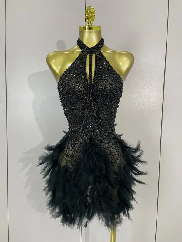 Women Luxury Rhinestones Pearls Feathers Halter Backless Short Dress Women Sexy Celebrate Birthday Dress Nightclub Stage Costume