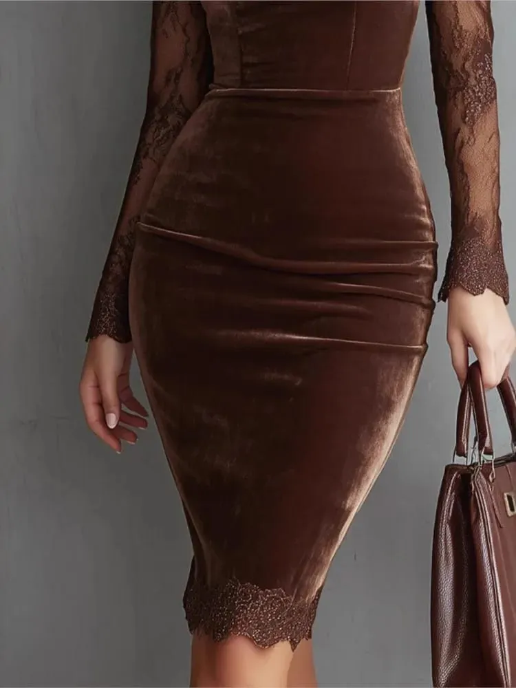 New Sexy Lace See-through Long-sleeved Dress Spring Summer Elegant V-neck Lace Patchwork Waist-covering Hip Dress Robe Femme