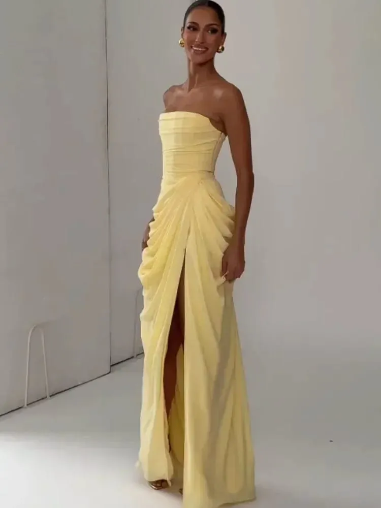 Mulheres amarelo elegante sem alças vestido plissado sexy sem mangas cintura cinching split maxi vestidos 2026 senhora novos vestidos de festa à noite
