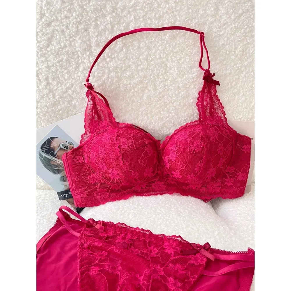 Sweet Halter Neck Bow Lace Wireless Bra Padded Push‑up Brassiere Ladies Layering Intimate Lingerie for Small Bust Size 32‑38 ABC