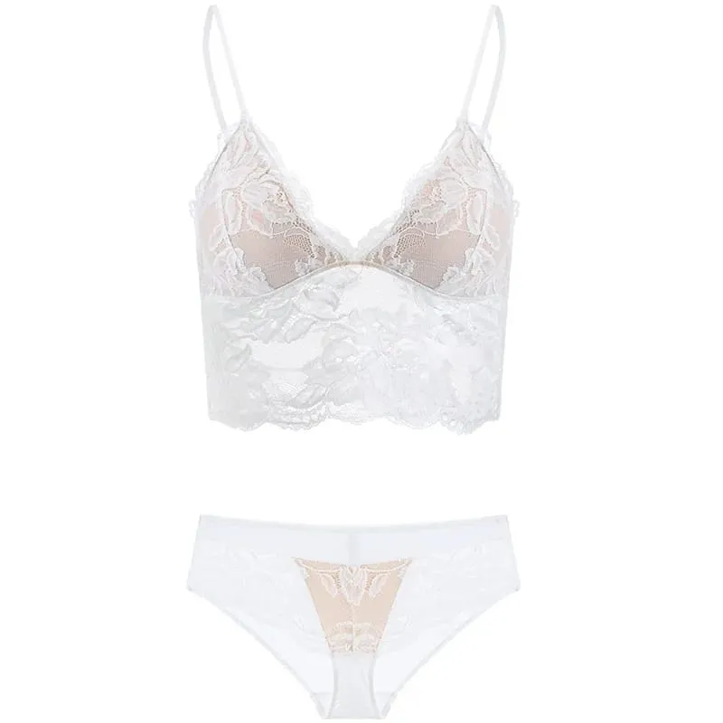 Ultra-thin French Lace Wireless Bra Set strapless Triangle Cup Slim Invisible Lingerie for Big Bust To Look Smaller and Stylish