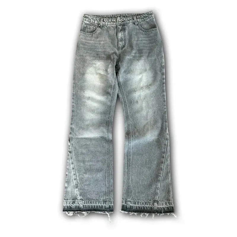 2026 Hot Sell Men Washed Grey Dollar Embroidery Vintage Style Straight Leg Denim Jeans with Frayed Hem Casual Streetwear Trendy