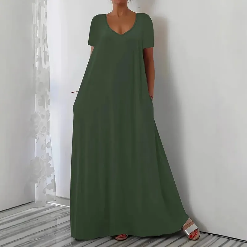 Plus Size Sommer ny lang nederdel afslappet løs kortærmet ensfarvet V-hals plus size kjole til kvinder — image 3