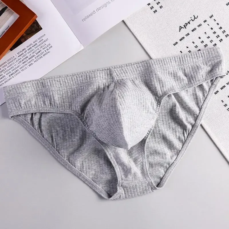 Men's Sexy Brief Ribbed Cotton Breathable Comfortable Sweat Absorption Sports Underwear Youth Low Waist U Convex Pouch Underpant