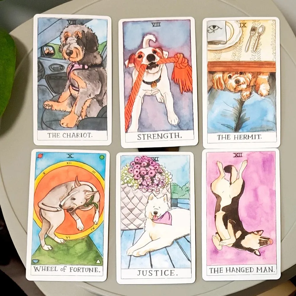 10.3*6cm Dog Tarot Deck 78 Cards Based on Rider Waite System Cute Canine Watercolor Illustrations - Unique Dog Lover Gift