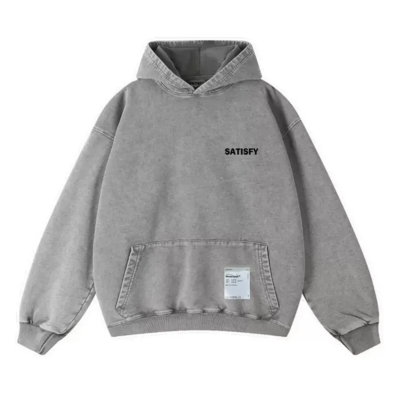 Elf-Adhesive SATISFY Flocking Print Hoodie Sweatshirt Jacket Street Style Loose Fit Long Sleeve for Young Men And Women — image 9