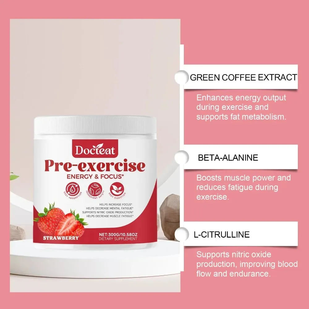 Docteat Pre Workout Powder Strawberry Energy & Focus Support Beta-Alanine L-Citrulline Rhodiola 300g 30 Servings Drink Mix